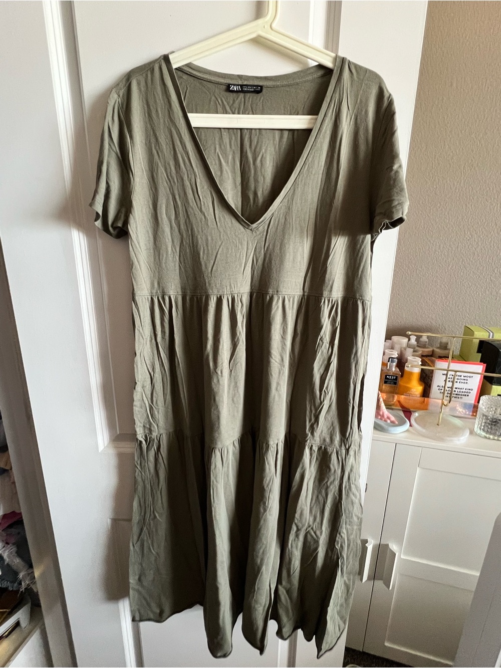 Zara Olive Green V-Neck Tiered Midi Dress